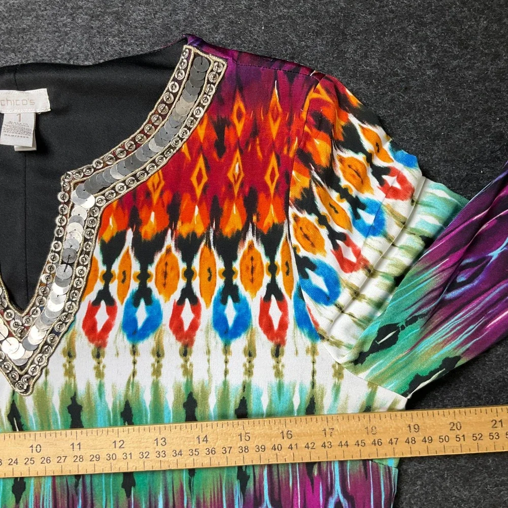 Chico's Shift Dress Women 1 Multicolor Ikat Sequin Embellished Boho Classic Bold